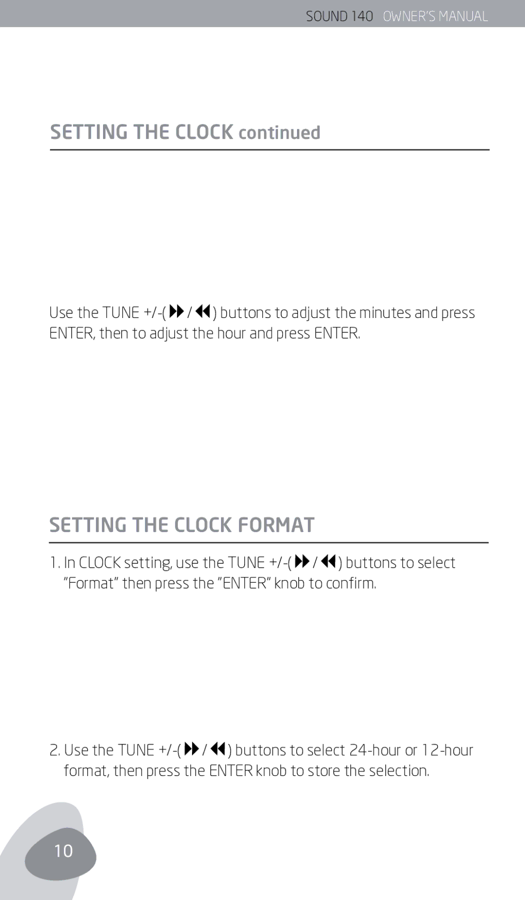 Eton 140 owner manual Setting the Clock Format 