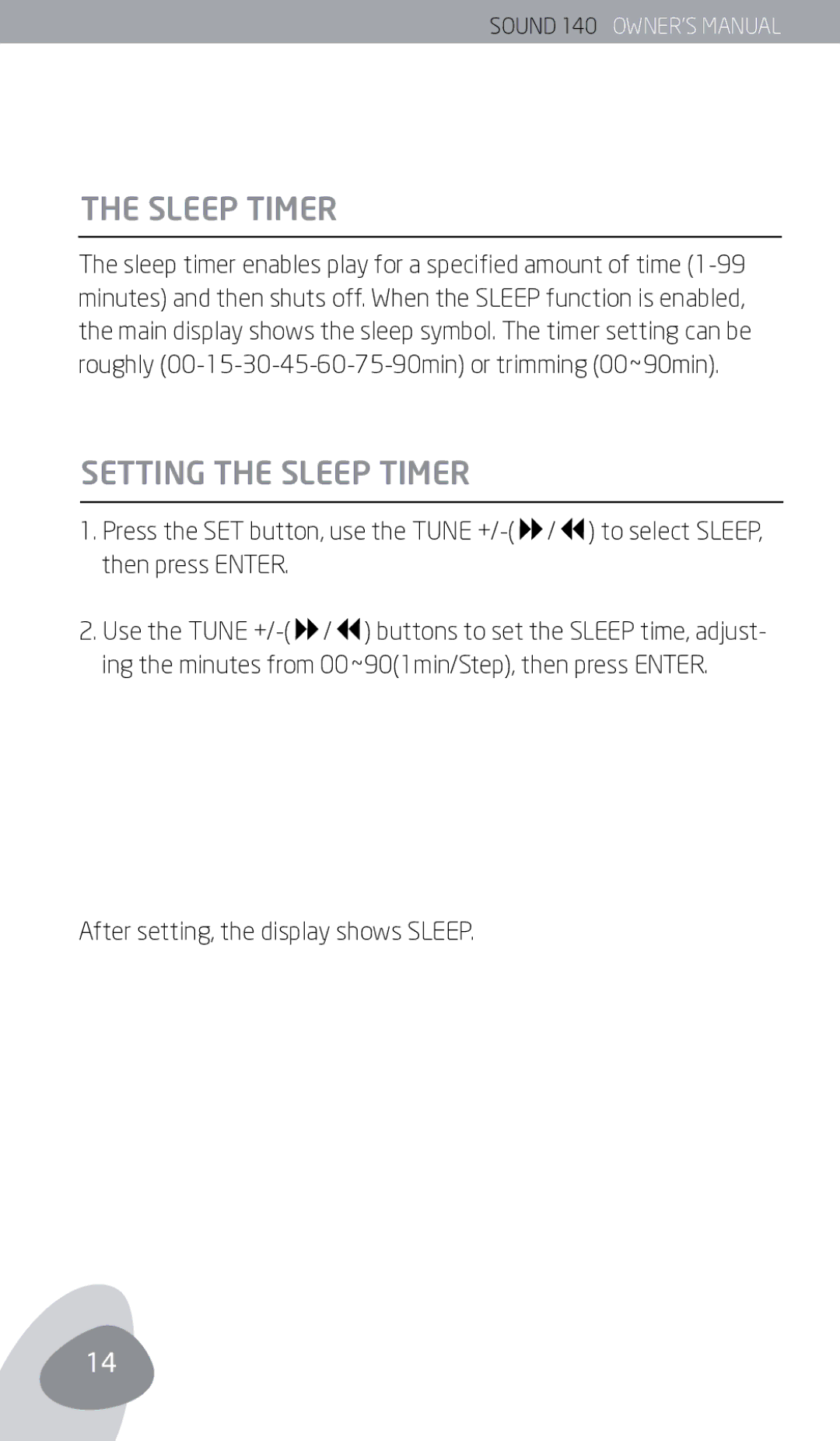 Eton 140 owner manual Setting the Sleep timer 