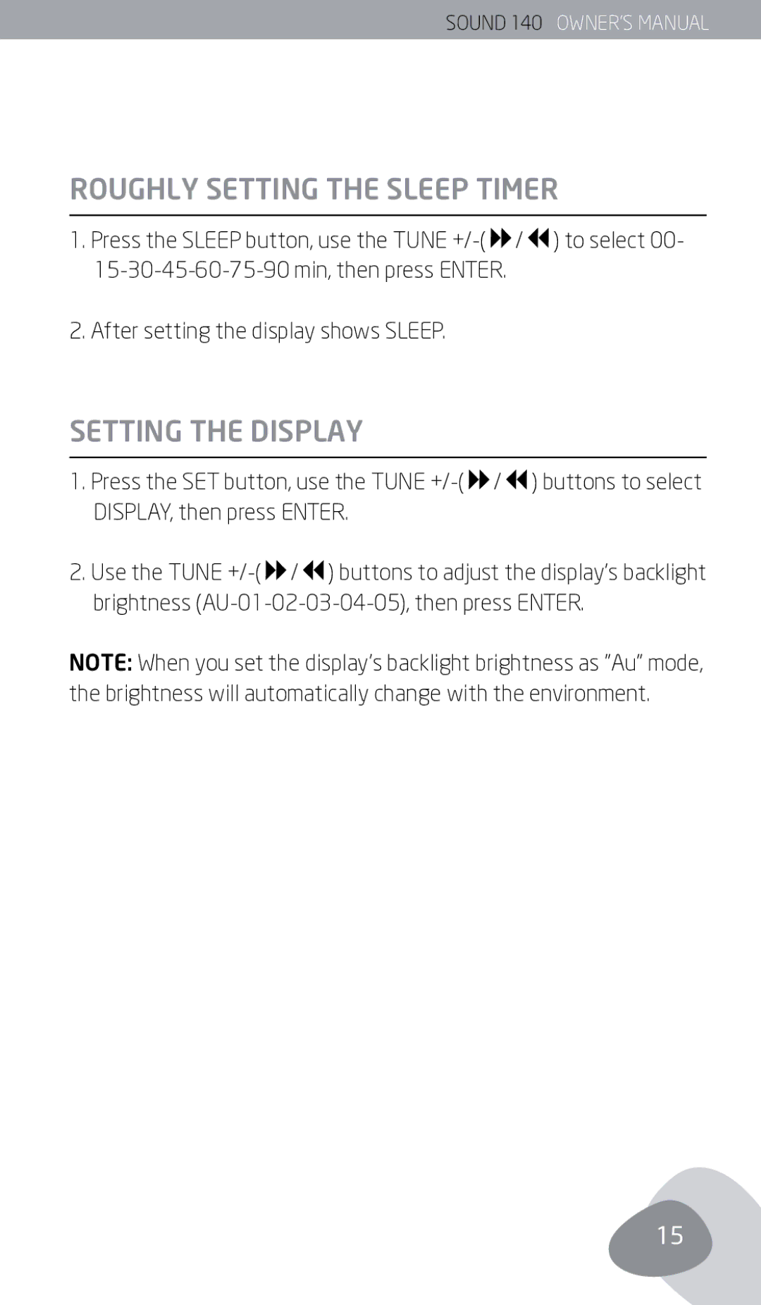 Eton 140 owner manual Roughly setting the Sleep timer, Setting the Display 