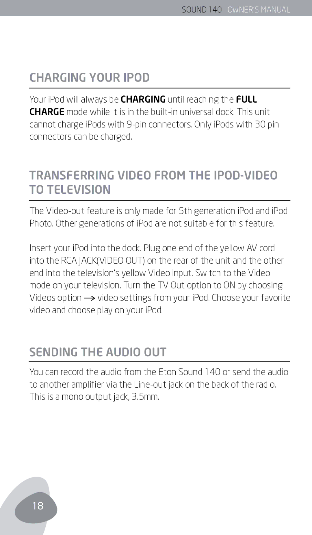 Eton 140 owner manual Charging Your iPod, Transferring video from the iPod-Video to Television, Sending the Audio out 