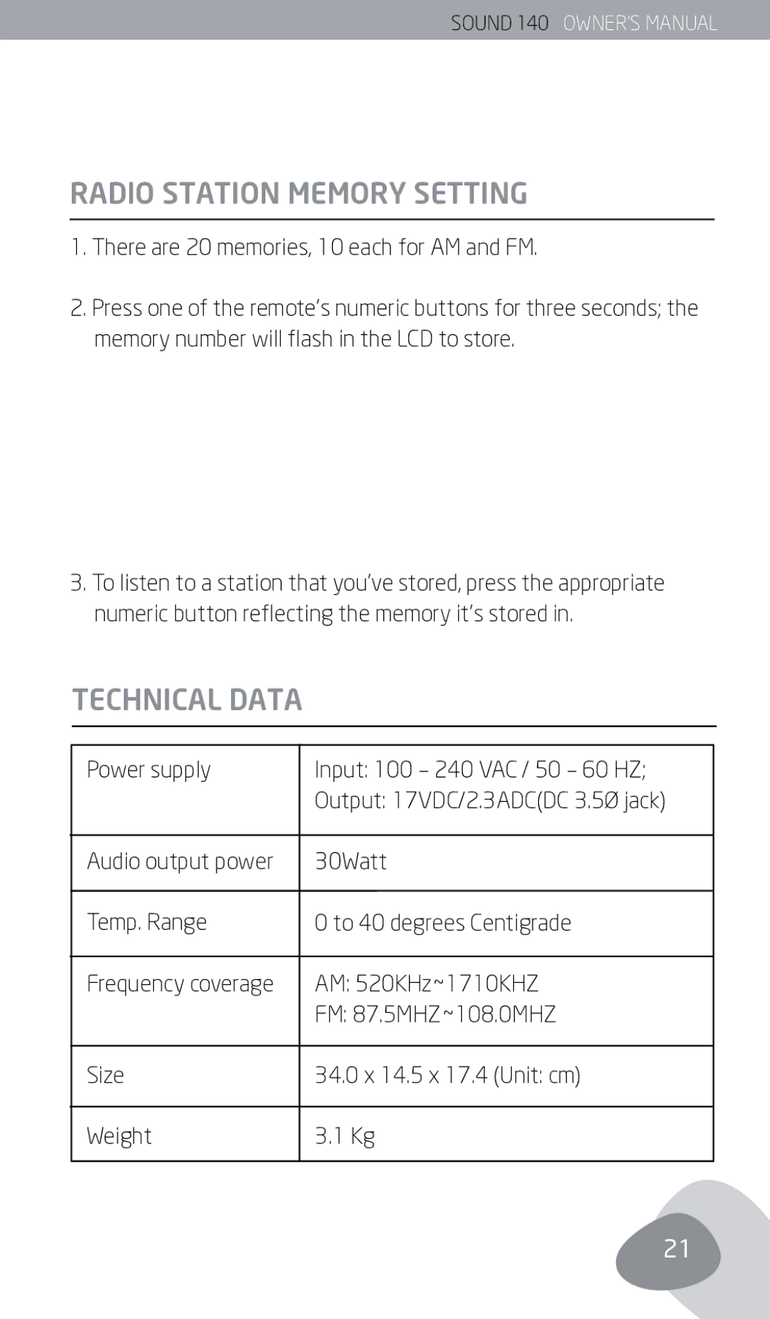 Eton 140 owner manual Radio Station memory setting, Technical data 