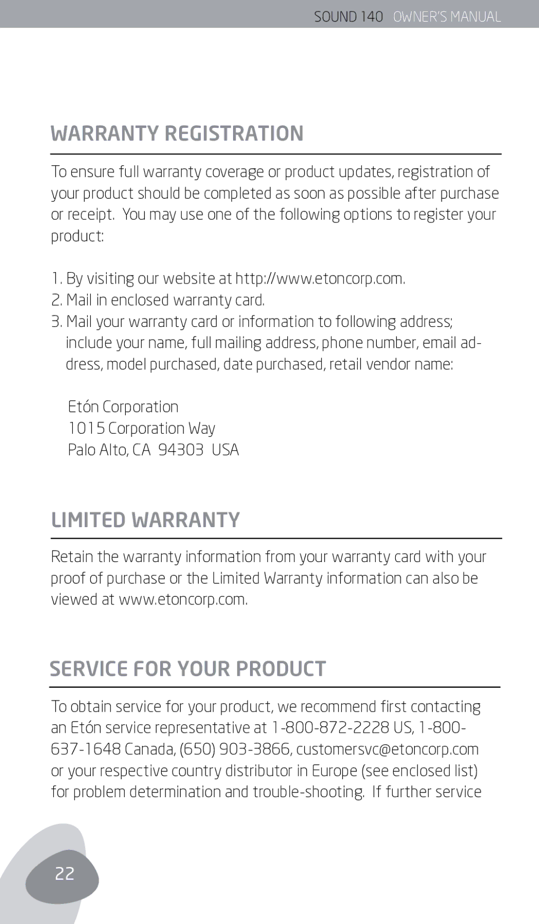 Eton 140 owner manual Warranty Registration, Limited Warranty Service for Your Product 