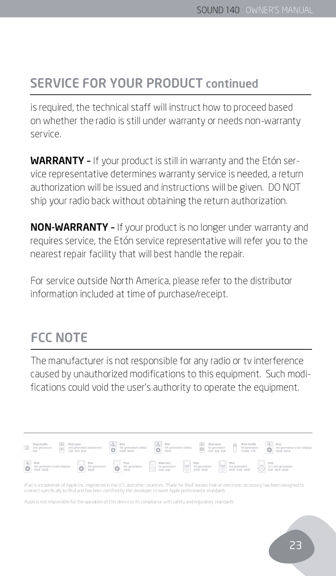 Eton 140 owner manual Service for Your Product, FCC Note 