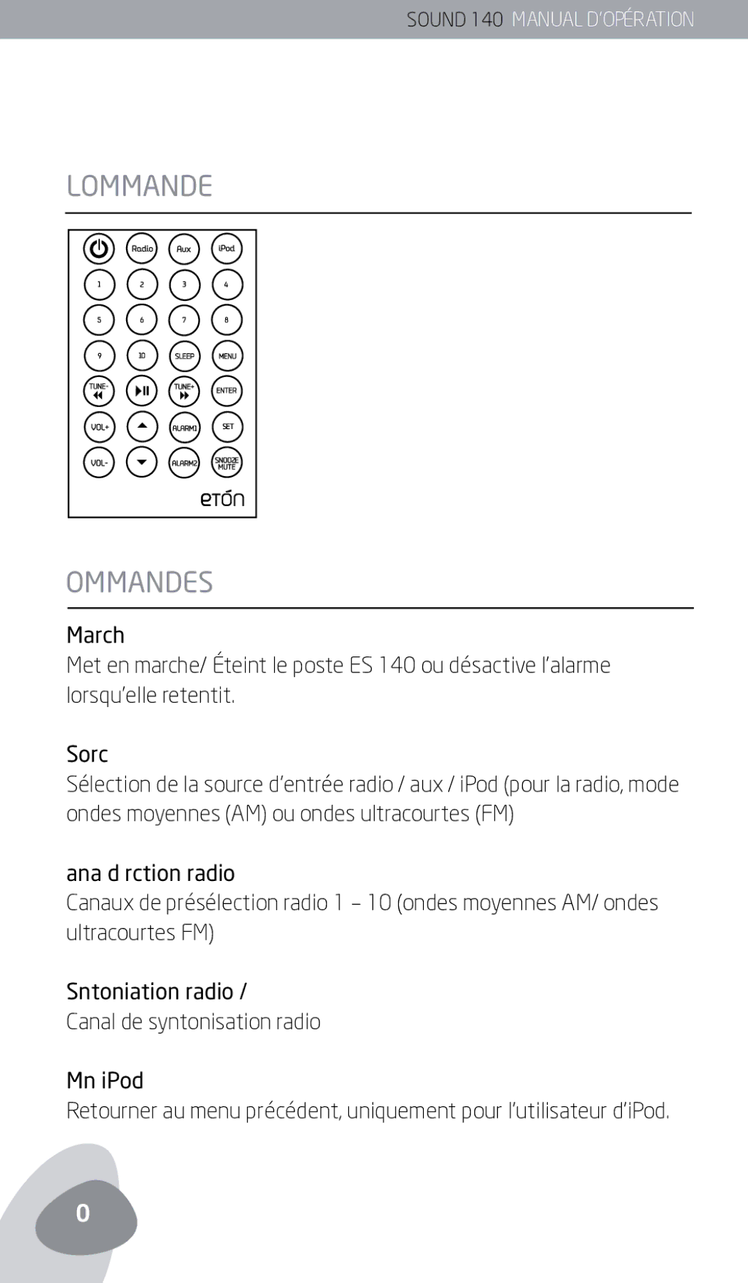 Eton 140 owner manual Télécommande Commandes 