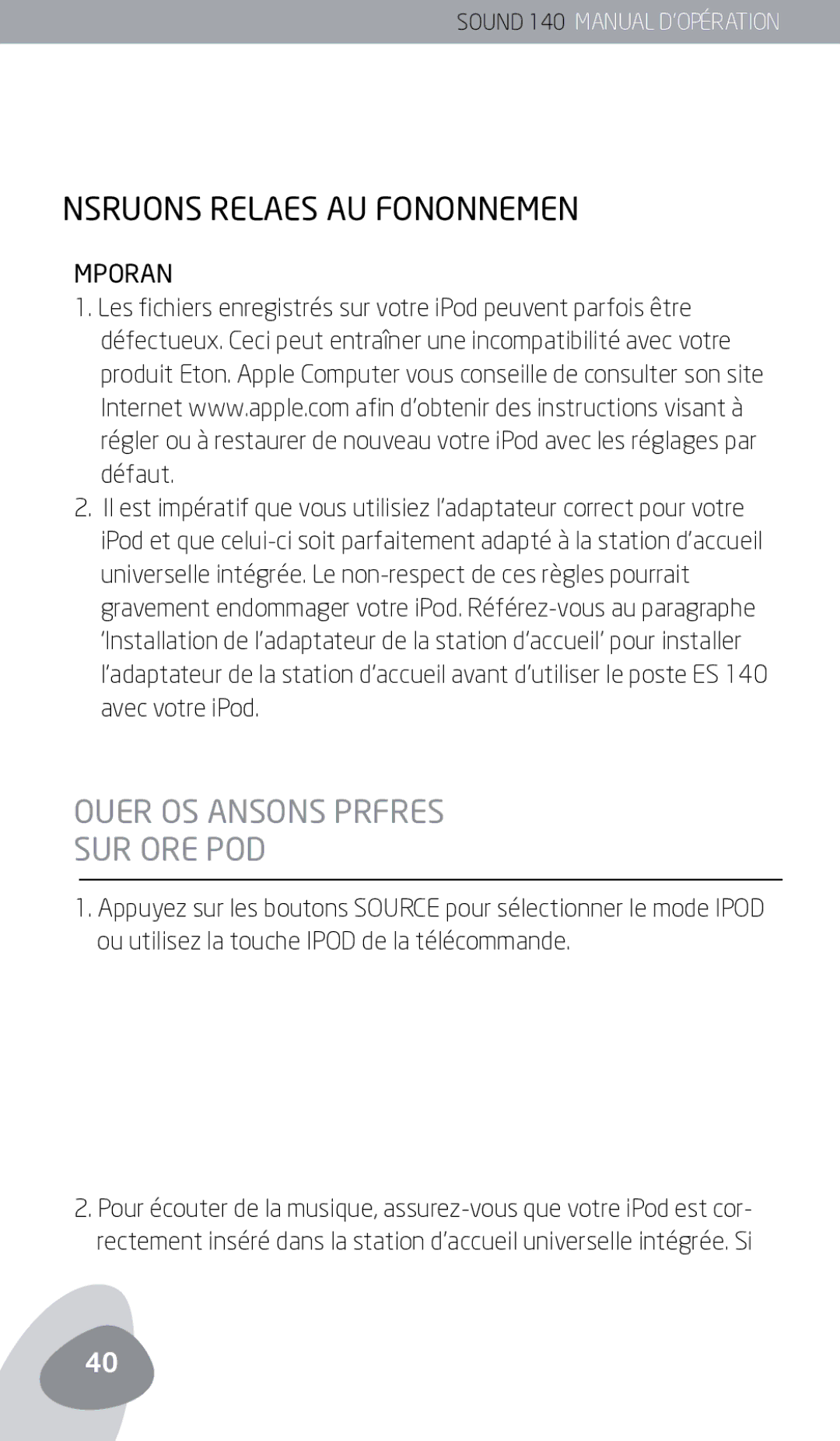 Eton 140 owner manual Écouter vos chansons préférées sur votre iPod, Instructions Relatives AU Fonctionnement 