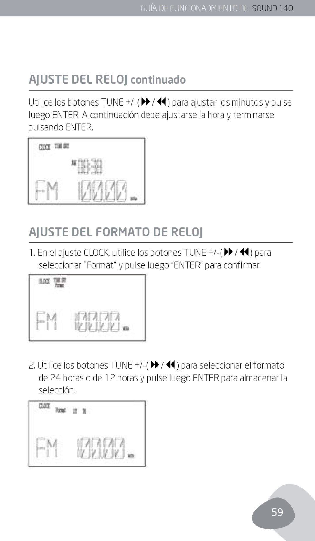 Eton 140 owner manual Ajuste del reloj continuado, Ajuste del formato de reloj 