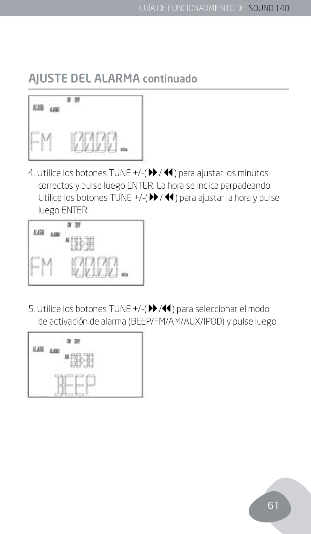 Eton 140 owner manual Ajuste del alarma continuado 