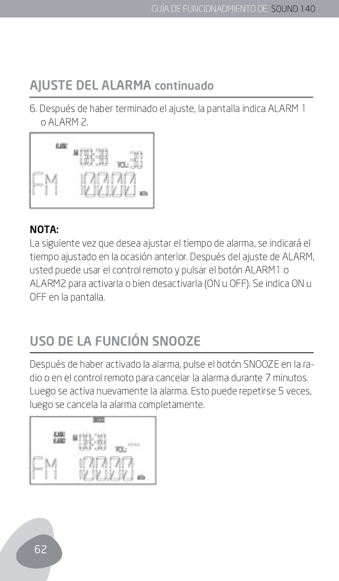 Eton 140 owner manual Uso de la función Snooze, Nota 