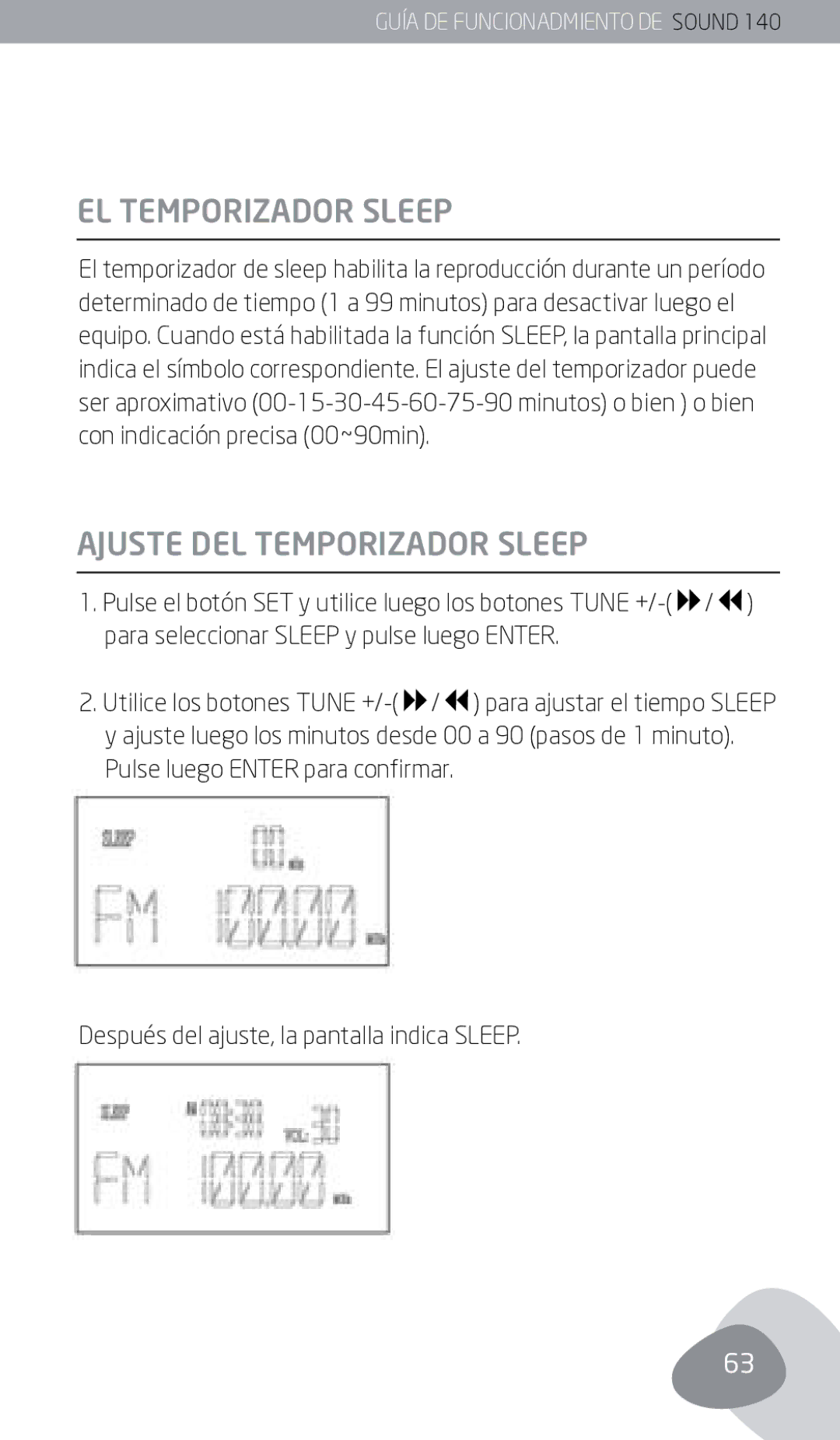 Eton 140 owner manual El temporizador Sleep, Ajuste del temporizador Sleep 