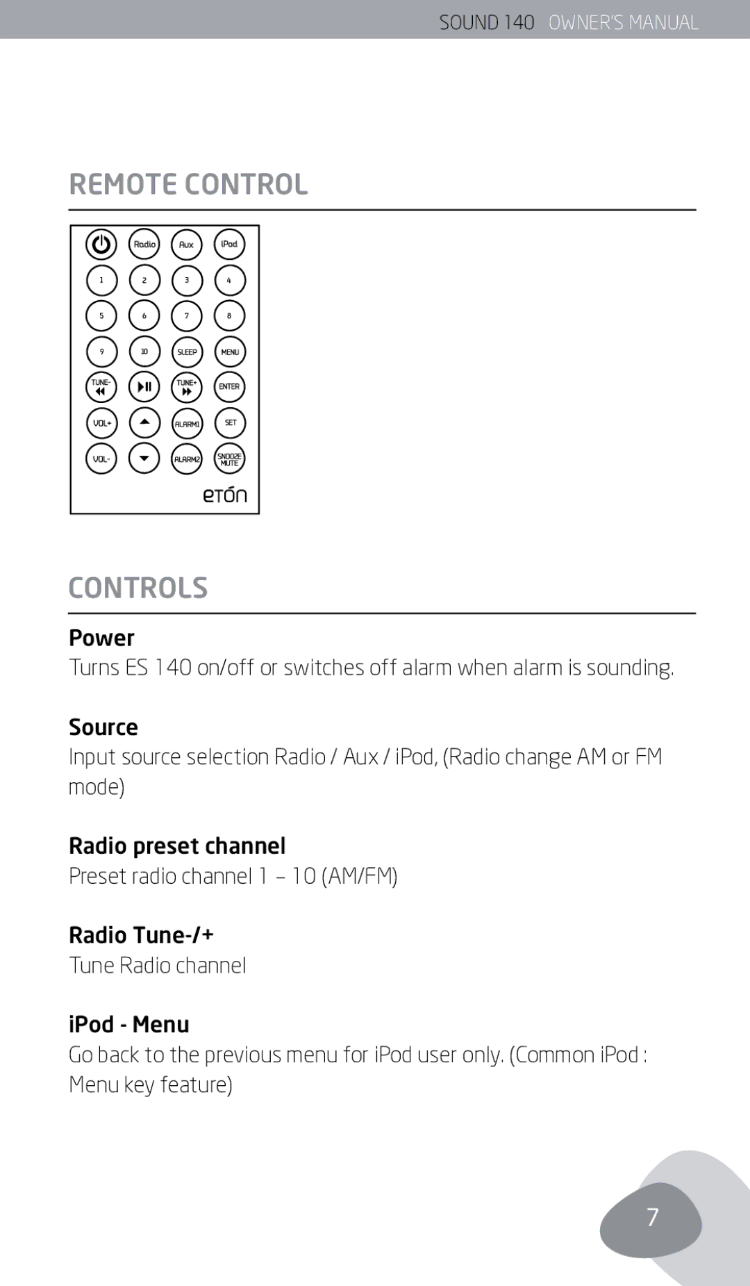 Eton 140 owner manual Remote control ControlS 