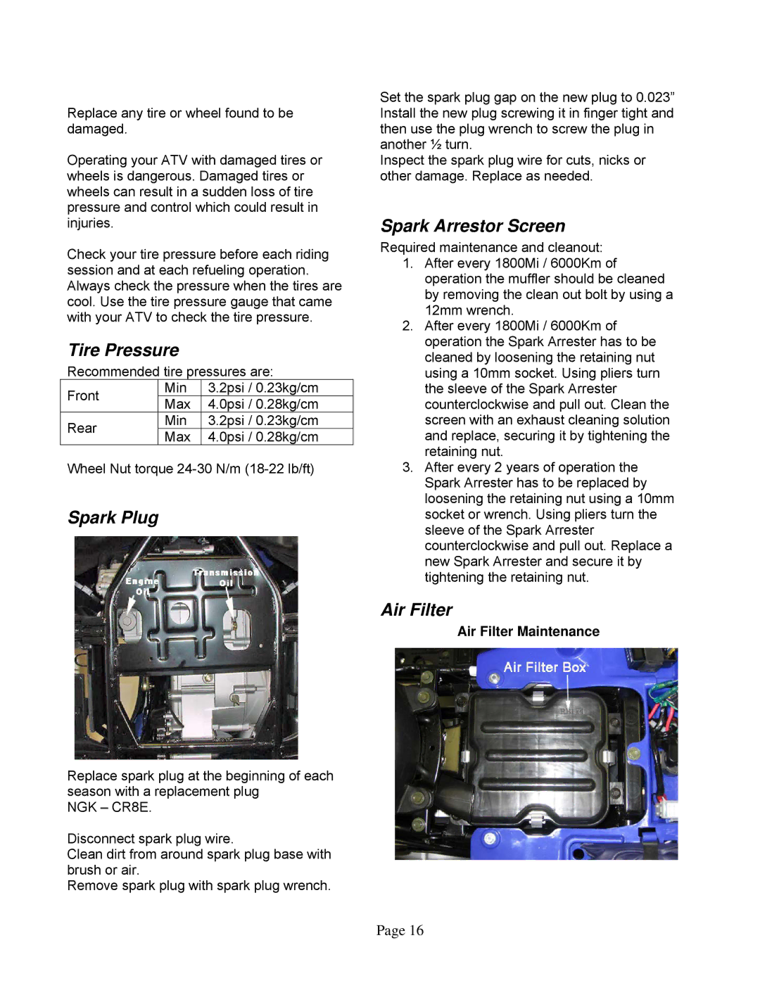 Eton 250R owner manual Tire Pressure, Spark Plug, Spark Arrestor Screen, Air Filter 