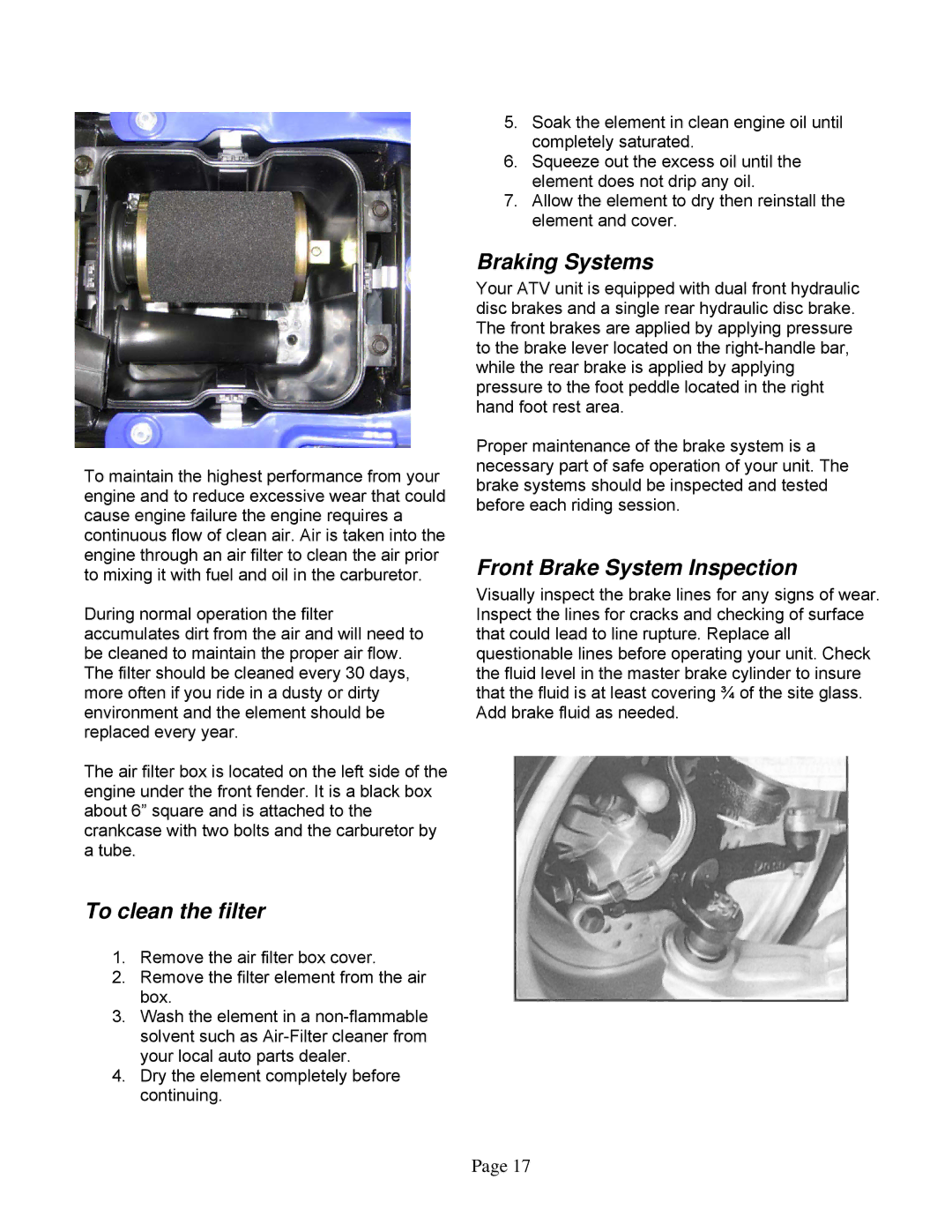 Eton 250R owner manual To clean the filter, Braking Systems, Front Brake System Inspection 