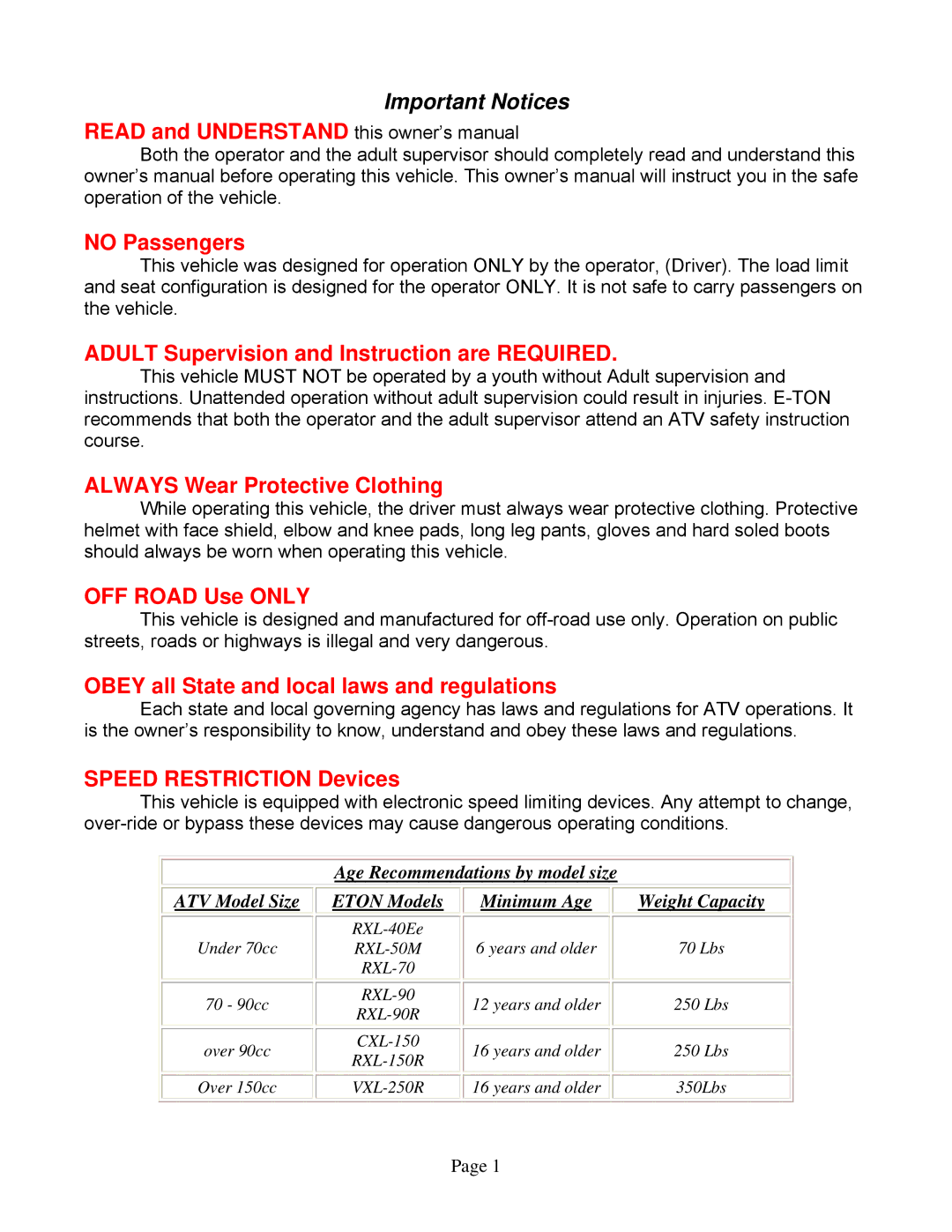 Eton 250R owner manual Important Notices, No Passengers 