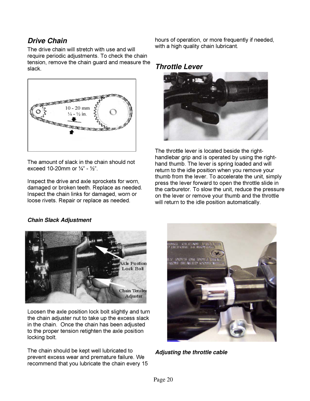 Eton 250R owner manual Drive Chain, Chain Slack Adjustment 