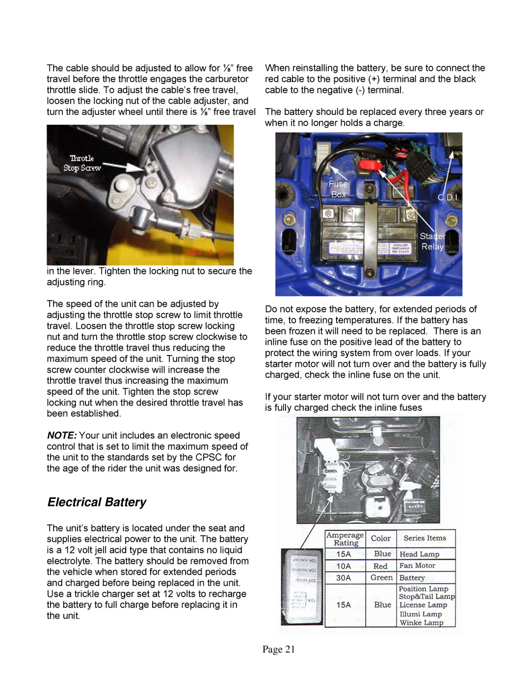 Eton 250R owner manual Electrical Battery 