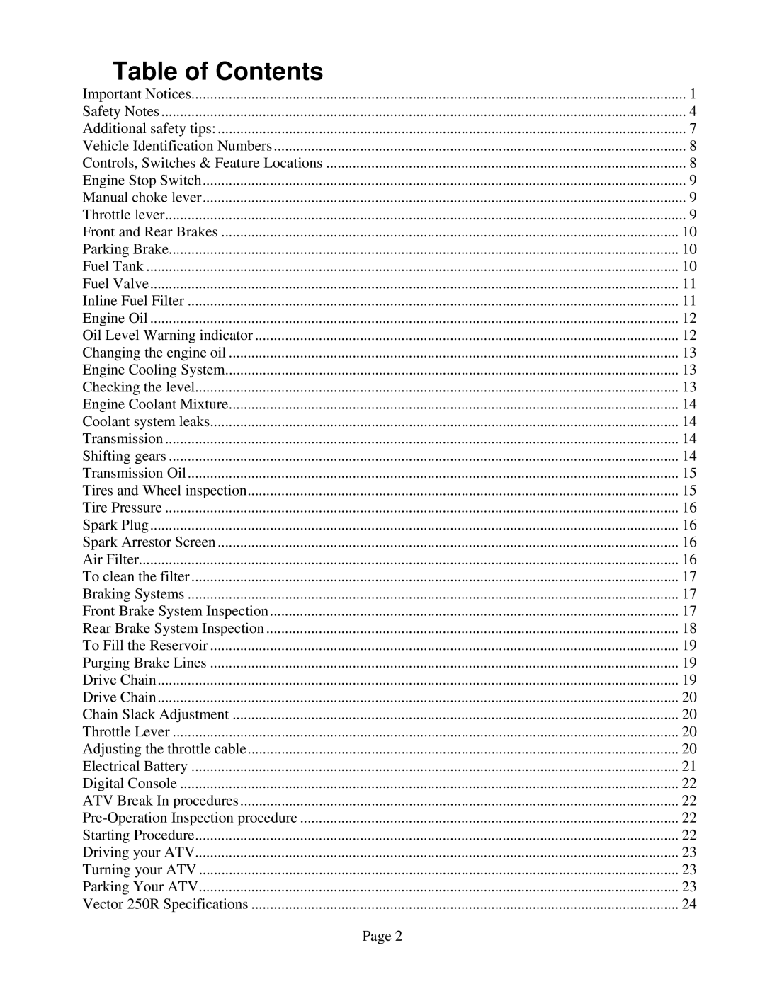 Eton 250R owner manual Table of Contents 