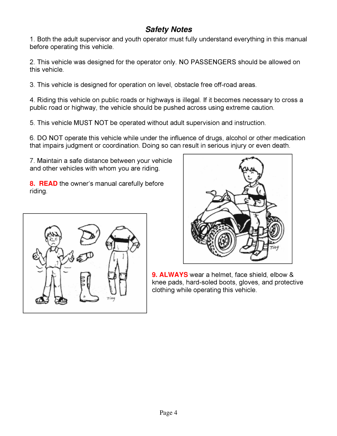 Eton 250R owner manual Safety Notes 