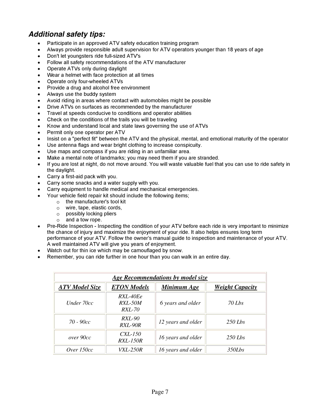 Eton 250R owner manual Additional safety tips 