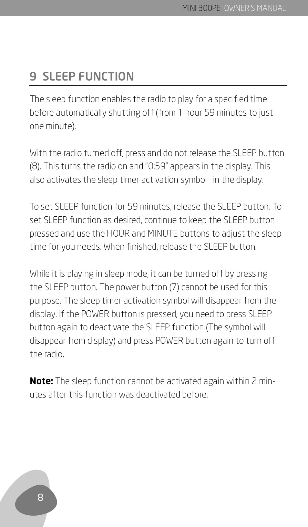 Eton 300PE owner manual Sleep Function 