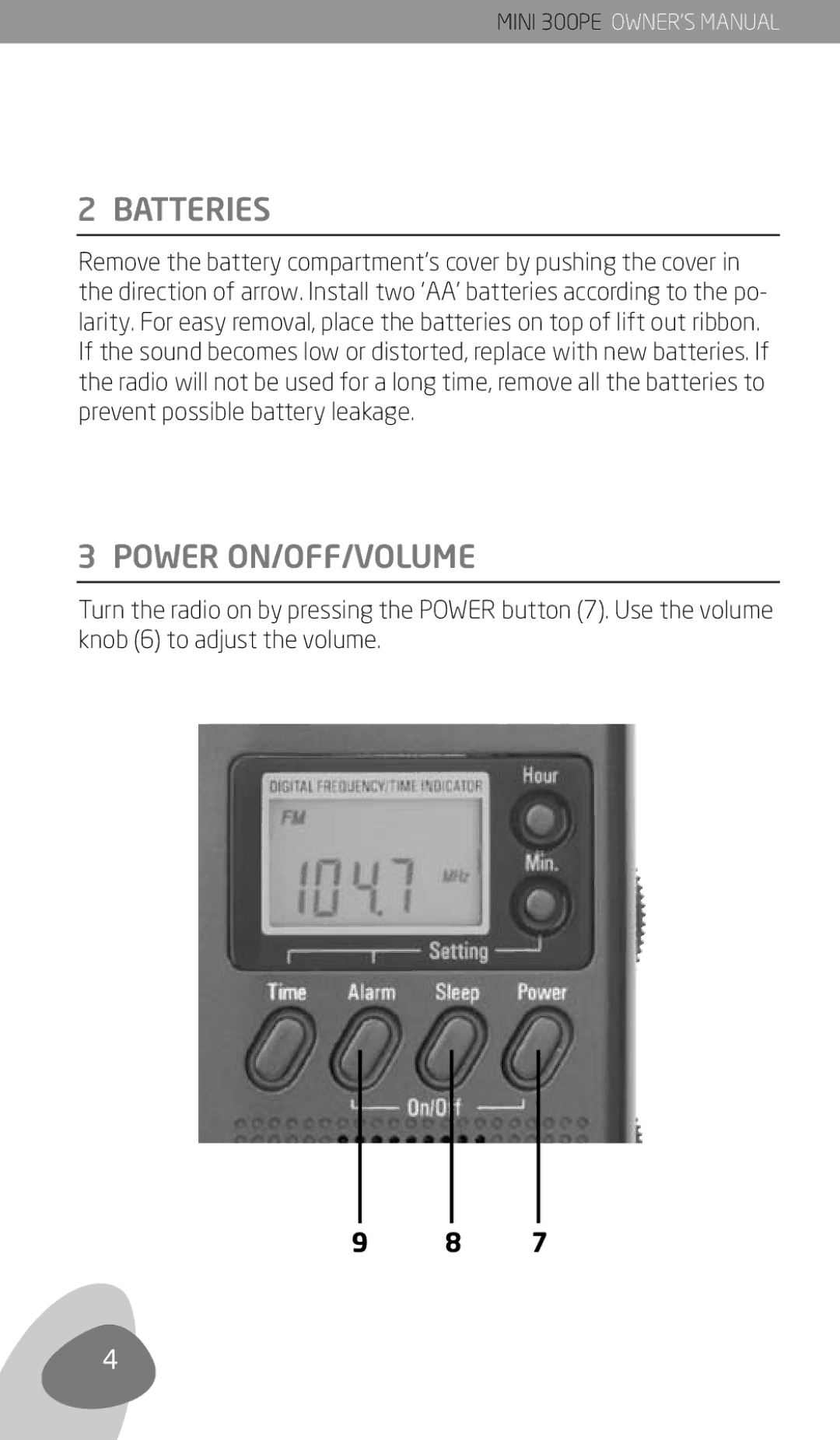 Eton 300PE owner manual Batteries, Power ON/OFF/VOLUME 