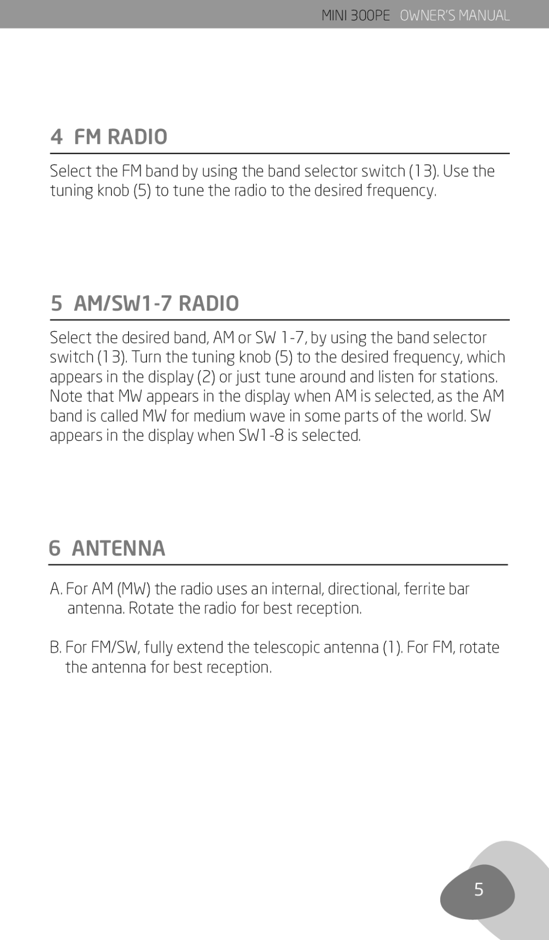 Eton 300PE owner manual FM Radio, AM/SW1-7 Radio, Antenna 