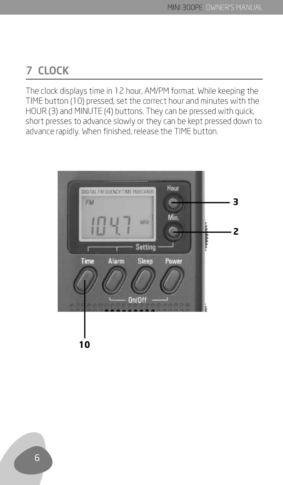 Eton 300PE owner manual Clock 