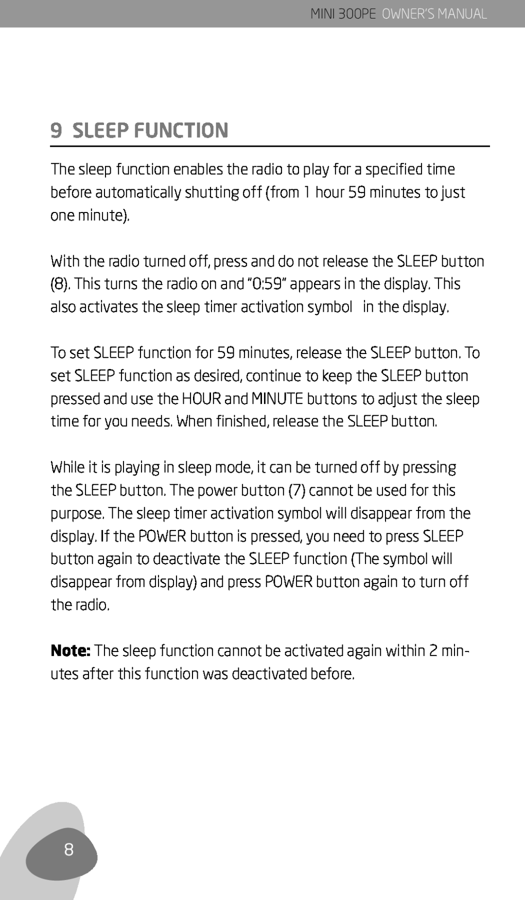 Eton 300PE owner manual Sleep Function 