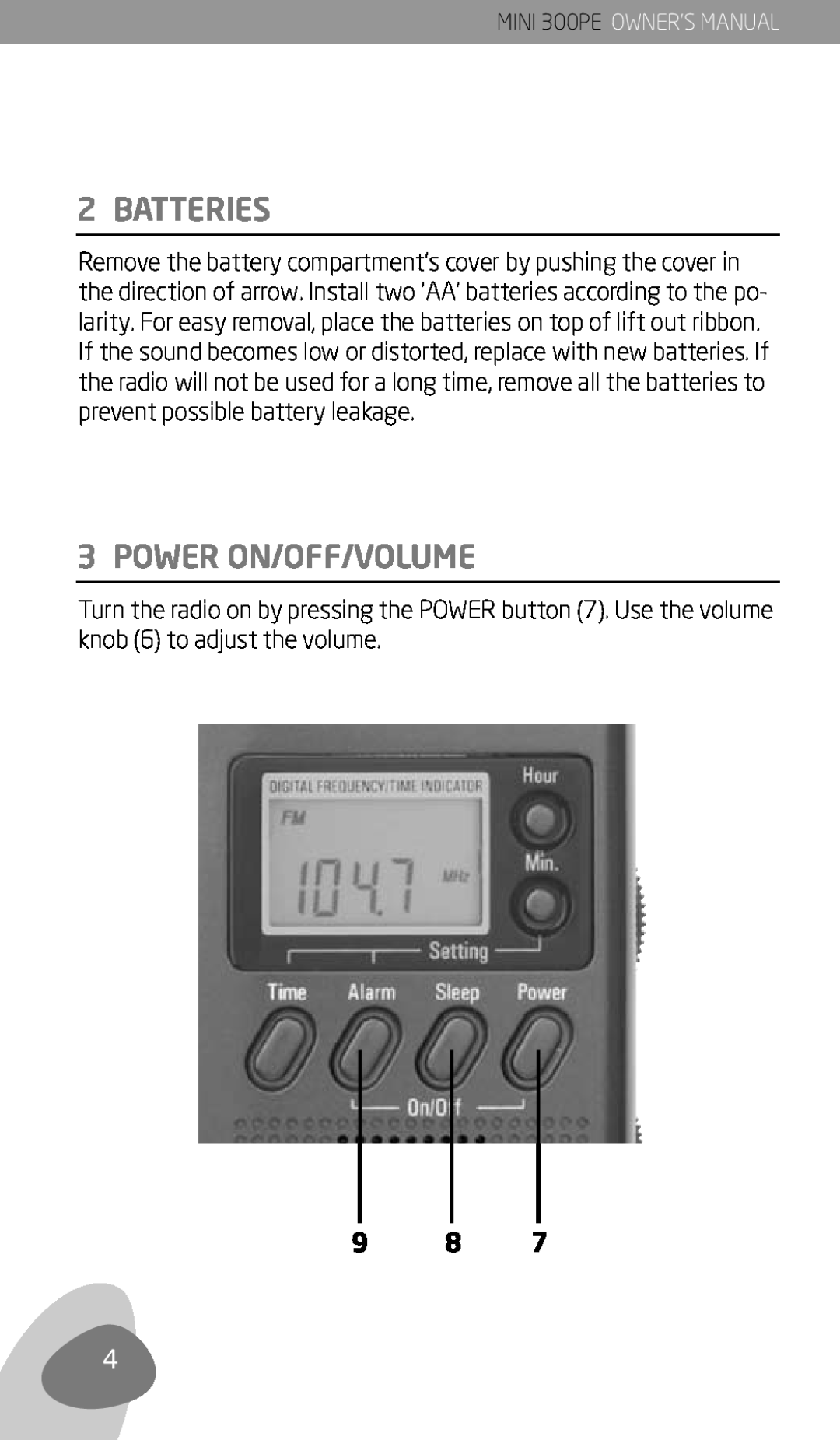 Eton 300PE owner manual Batteries, Power On/Off/Volume 