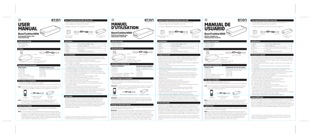 Eton 4000 user manual Overview, Présentation générale, Safety Information, Consignes de sécurité, Legal Liability, Resumen 