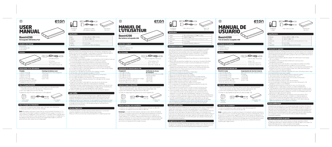 Eton 4200 user manual How to Charge Your Smartphone, Spécifications, Specifications, Safety Information, Legal Liability 