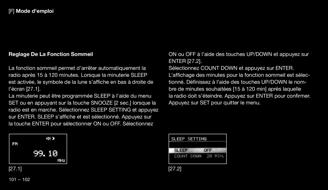 Eton 9120 instruction manual Mode d’emploi Reglage De La Fonction Sommeil 