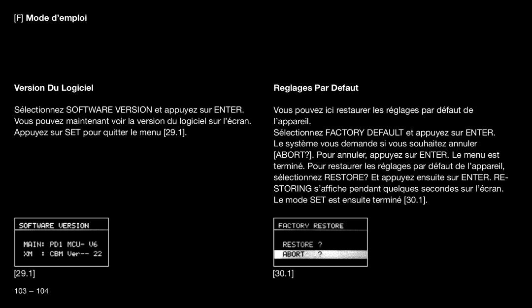 Eton 9120 instruction manual Mode d’emploi Version Du Logiciel, Reglages Par Defaut 