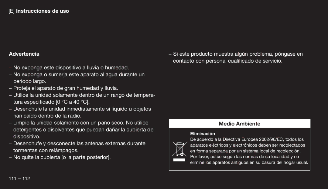 Eton 9120 instruction manual Instrucciones de uso Advertencia, Medio Ambiente 