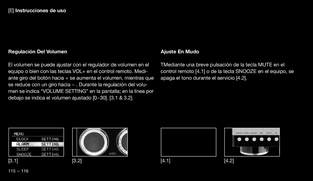 Eton 9120 instruction manual Instrucciones de uso Regulación Del Volumen Ajuste En Mudo 