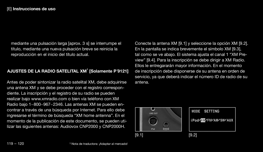 Eton 9120 instruction manual Instrucciones de uso, Ajustes DE LA Radio Satelital XM1 Solamente P´9121 