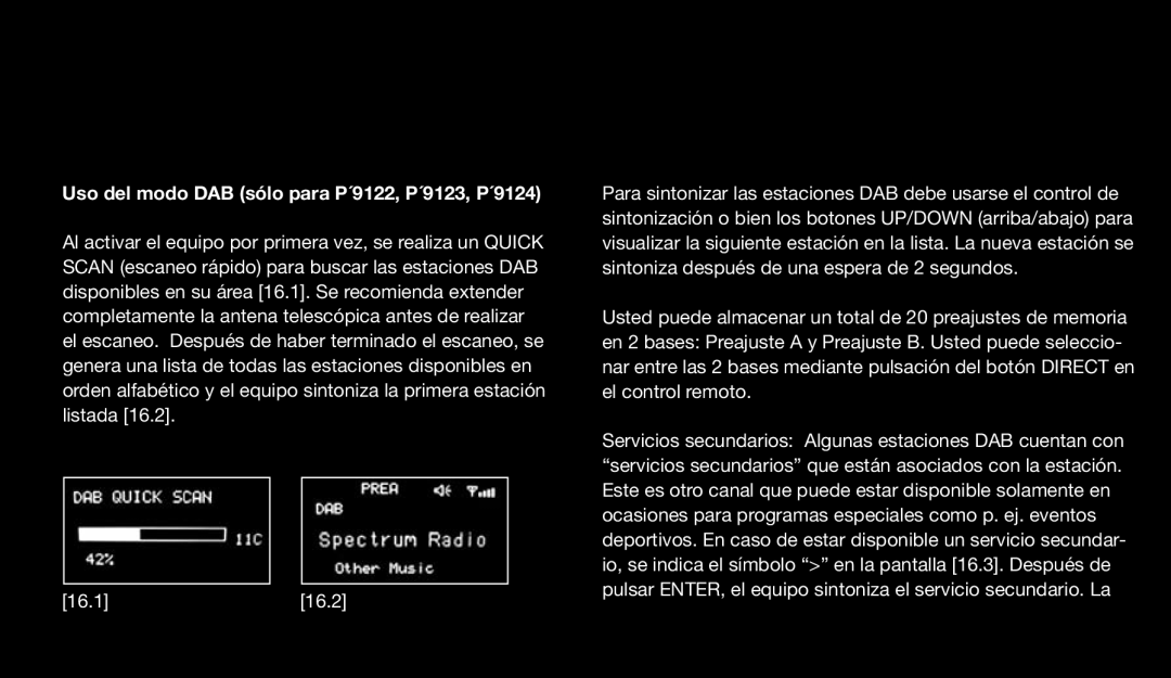 Eton 9120 instruction manual Uso del modo DAB sólo para P´9122, P´9123, P´9124 