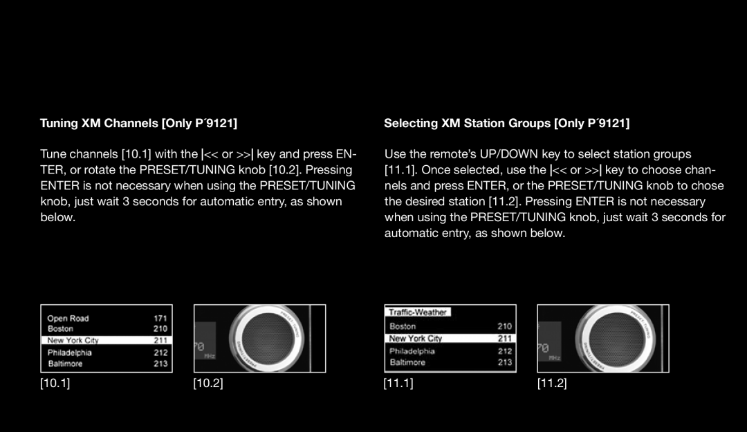 Eton 9120 instruction manual Tuning XM Channels Only P´9121, Selecting XM Station Groups Only P´9121 