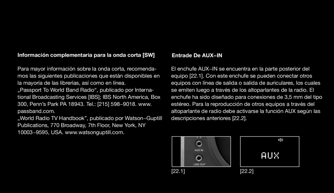 Eton 9120 instruction manual Información complementaria para la onda corta SW, Entrade De AUX−IN 