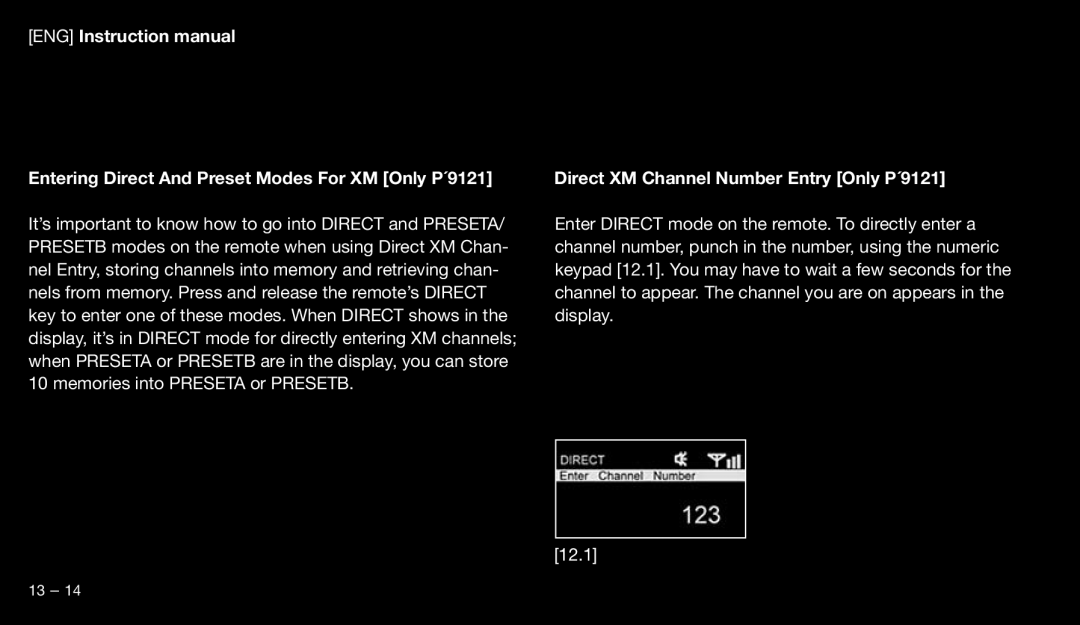 Eton 9120 Entering Direct And Preset Modes For XM Only P´9121, Direct XM Channel Number Entry Only P´9121 