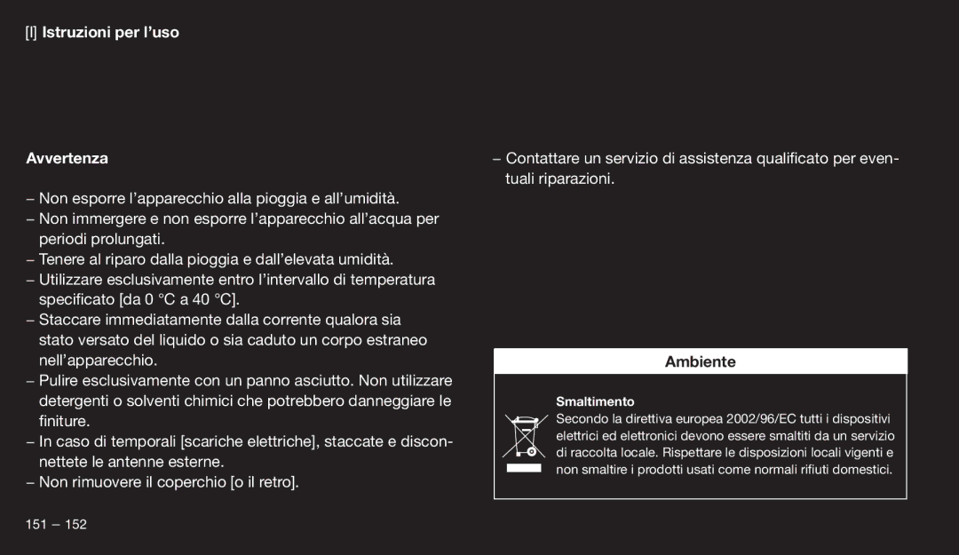 Eton 9120 instruction manual Istruzioni per l’uso Avvertenza, Ambiente 