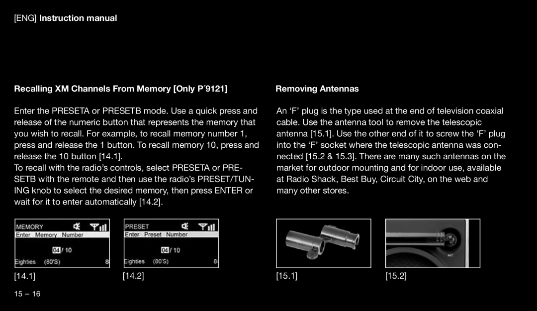 Eton 9120 instruction manual Recalling XM Channels From Memory Only P´9121, Removing Antennas 