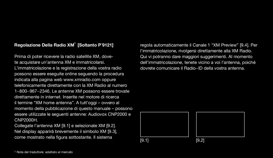 Eton 9120 instruction manual Regolazione Della Radio XM1 Soltanto P´9121 