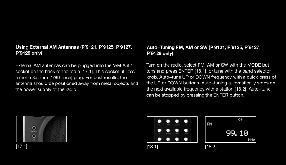 Eton 9120 instruction manual Auto−Tuning FM, AM or SW P´9121, P´9125, P´9127, P´9128 only 