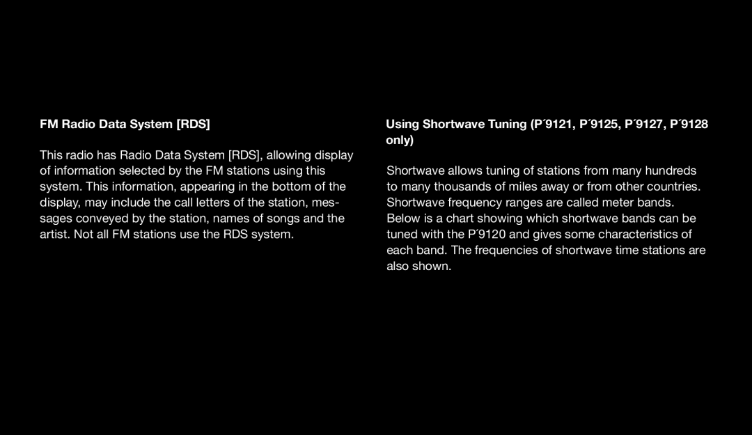 Eton 9120 instruction manual FM Radio Data System RDS, Using Shortwave Tuning P´9121, P´9125, P´9127, P´9128 only 