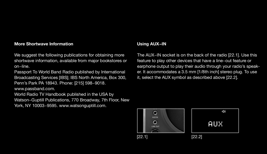 Eton 9120 instruction manual More Shortwave Information, Using AUX−IN 