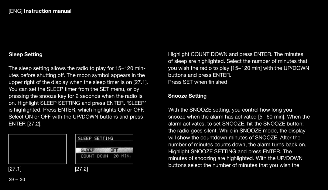 Eton 9120 instruction manual Sleep Setting, Snooze Setting 