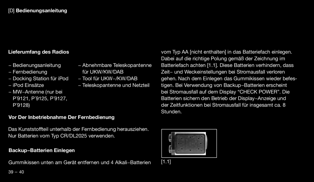 Eton 9120 Bedienungsanleitung Lieferumfang des Radios, Vor Der Inbetriebnahme Der Fernbedienung, Backup−Batterien Einlegen 