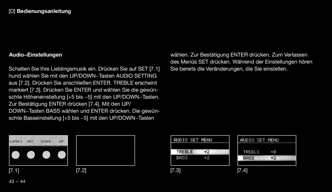 Eton 9120 instruction manual Bedienungsanleitung Audio−Einstellungen 