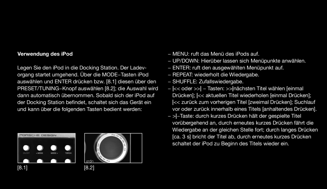 Eton 9120 instruction manual Verwendung des iPod 