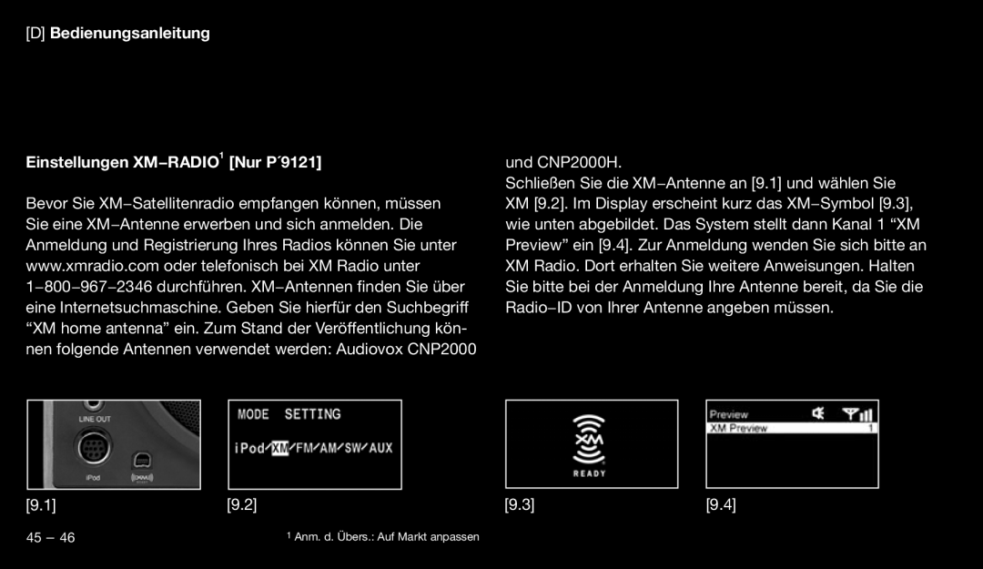 Eton 9120 instruction manual Bedienungsanleitung Einstellungen XM−RADIO1 Nur P´9121 